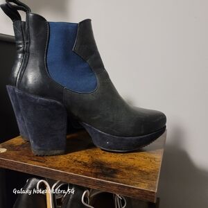 John Fluevog Black and Navy Ankle Booties